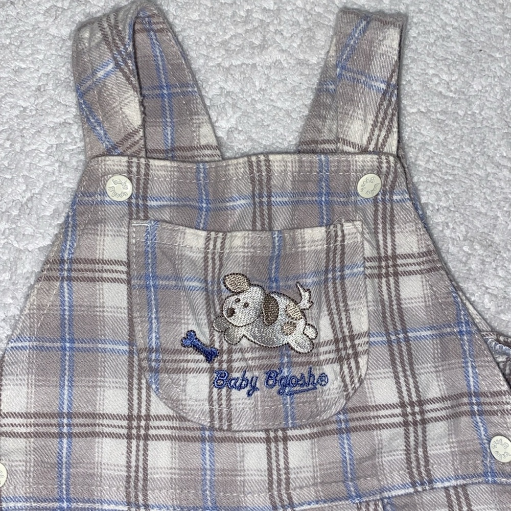 Vintage Oshkosh Plaid puppy dog wire tan blue Kids Overalls 6/9m